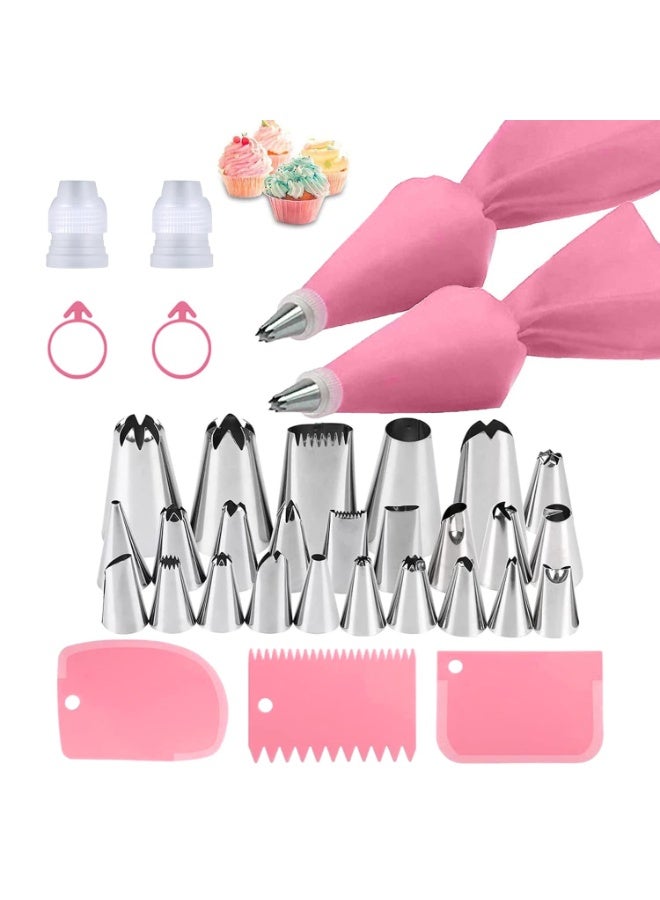 طقم تزيين الكيك برؤوس تزيين – فوهات تزيين ستانلس ستيل مع أكياس تزيين وكاشطات – مجموعة متكاملة للخبز والحلويات - 34 قطعة - Image 1